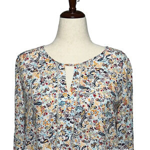 Collective Concepts Peasant Top Womens XXL White Blue Paisley Keyhole Neck Flowy